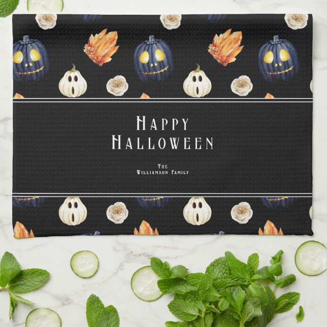 Happy Halloween Spooky Samhain Pumpkins Crystals Tea Towel (Folded)