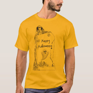 Happy Halloween – Spooky Skeleton and Ghost Design T-Shirt