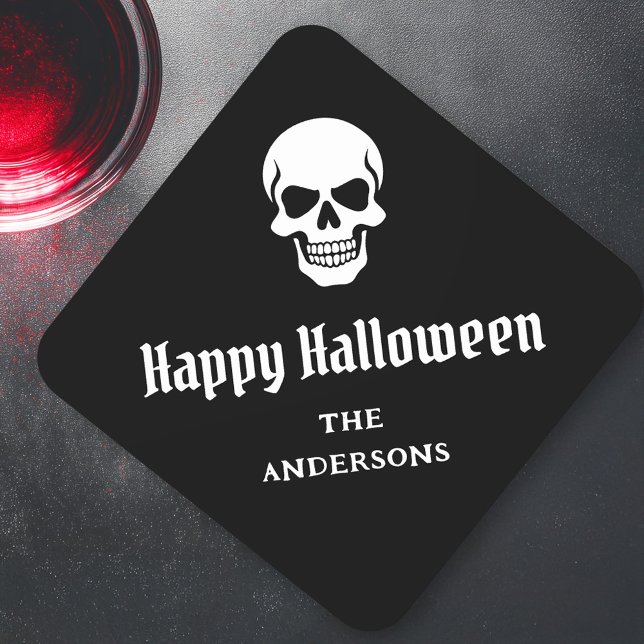 Happy Halloween spooky skull custom name or text Square Paper Coaster (Happy Halloween spooky skull custom name or text Square Paper Coaster)