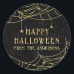 Happy Halloween Spooky Spider Gold Glitter Classic Round Sticker<br><div class="desc">Happy Halloween Spooky Spider Gold Glitter Classic Round Sticker</div>
