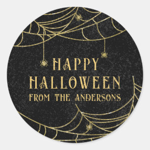 Happy Halloween Spooky Spider Gold Glitter Classic Round Sticker