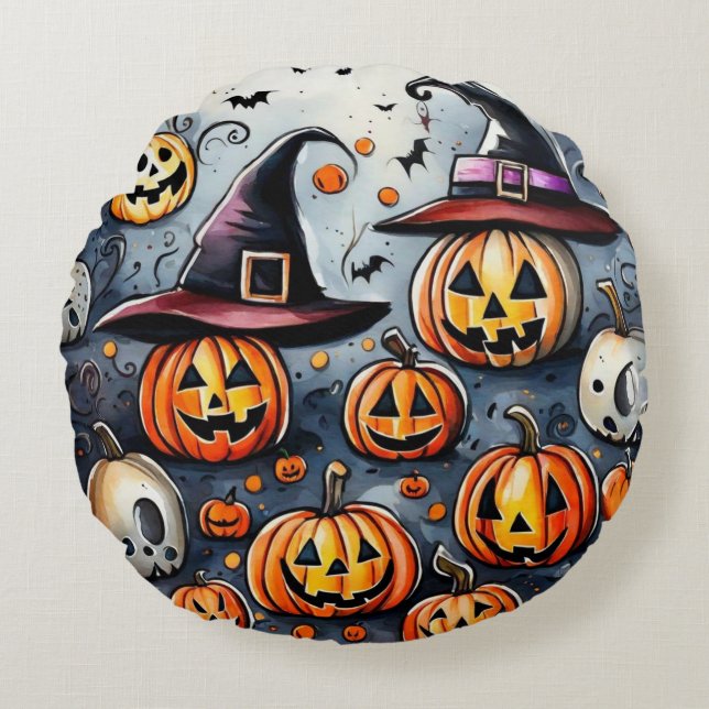 Happy Halloween spooky treat or tricks design Round Cushion (Front)