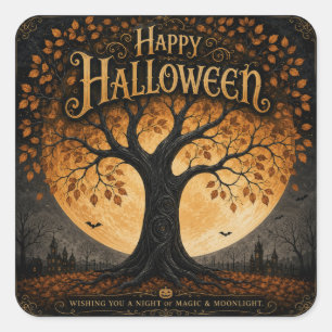 Happy Halloween Spooky Tree Full Moon Gothic Square Sticker