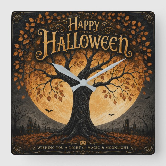 Happy Halloween Spooky Tree Full Moon Gothic Square Wall Clock (Front)