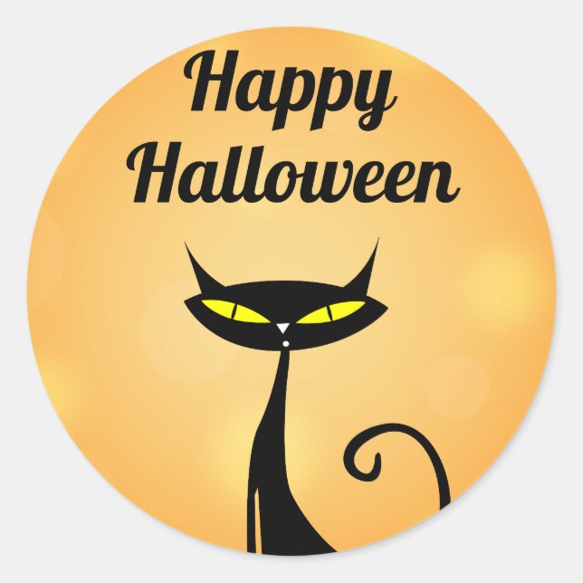 Happy Halloween Stylistic Modern Black Cat Orange Classic Round Sticker (Front)