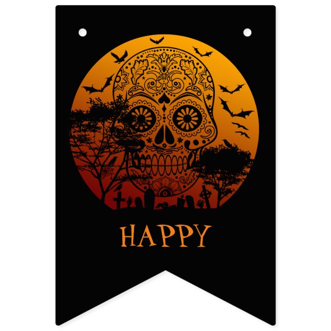 Happy Halloween Sugar Skull Graveyard Full Moon 2 Bunting (First Flag)