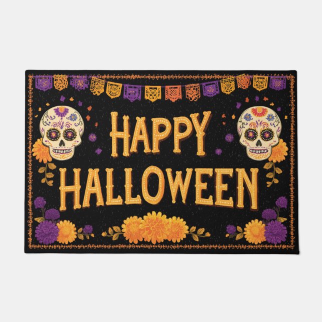 Happy Halloween Sugar Skulls and Marigolds Doormat (Front)