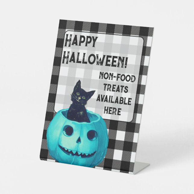 Happy Halloween Teal Pumpkin and Plaid  Pedestal Sign (Front)