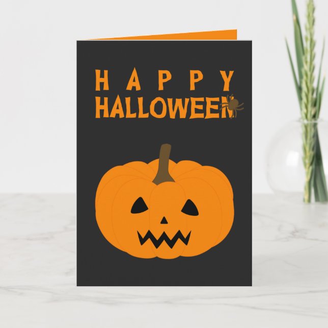 Happy Halloween Text and Pumpkin on Black Card (Front)