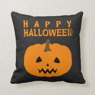 Happy Halloween Text and Pumpkin on Black Cushion