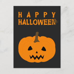 Happy Halloween Text and Pumpkin on Black Postcard