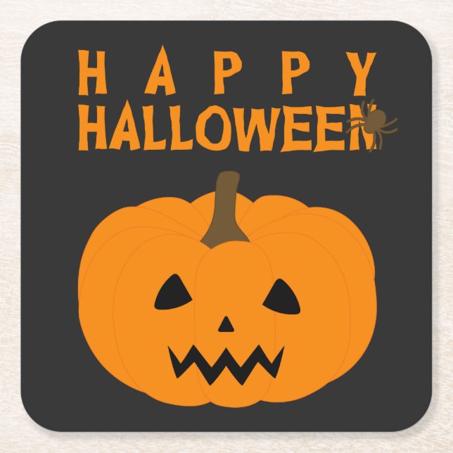 Happy Halloween Text and Pumpkin on Black Square Paper Coaster (Front)