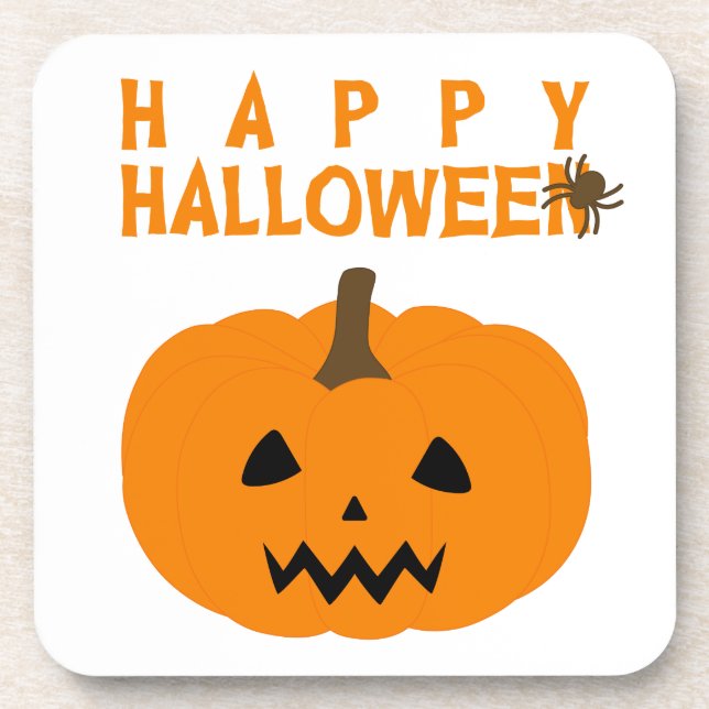 Happy Halloween Text and Pumpkin on White Coaster (Front)