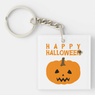 Happy Halloween Text and Pumpkin on White Keychain