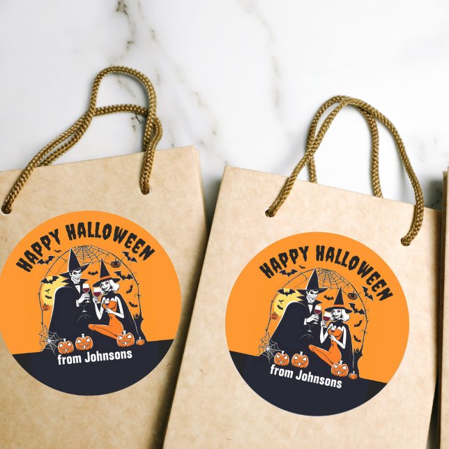 Happy Halloween thank you favour gift Classic Round Sticker (Happy Halloween thank you favor gift stickers for adults Halloween party Dracula and with have wine)