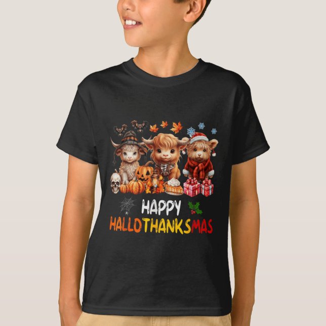 Happy Halloween Thanksgiving Christmas Highland Co T-Shirt (Front)