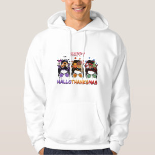 happy halloween thanksgiving christmas messy bun hoodie