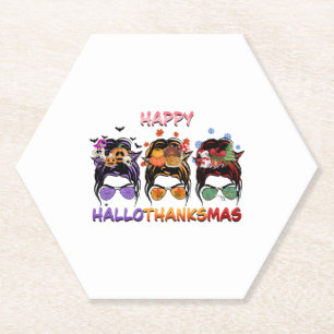 happy halloween thanksgiving christmas messy bun paper coaster