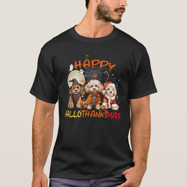 Happy Halloween Thanksgiving Christmas Poodle Dog  T-Shirt (Front)