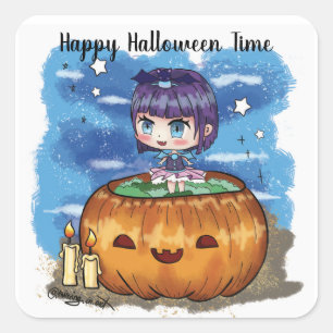 Happy Halloween Time Chibi Pumpkin Square Sticker