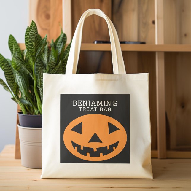 Happy Halloween Treat Bag Add Name Cute Pumpkin (Custom Tote Bag)