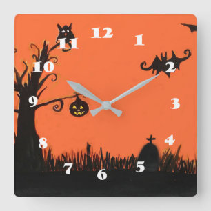 Happy Halloween Tree Pumpkin Square Wall Clock