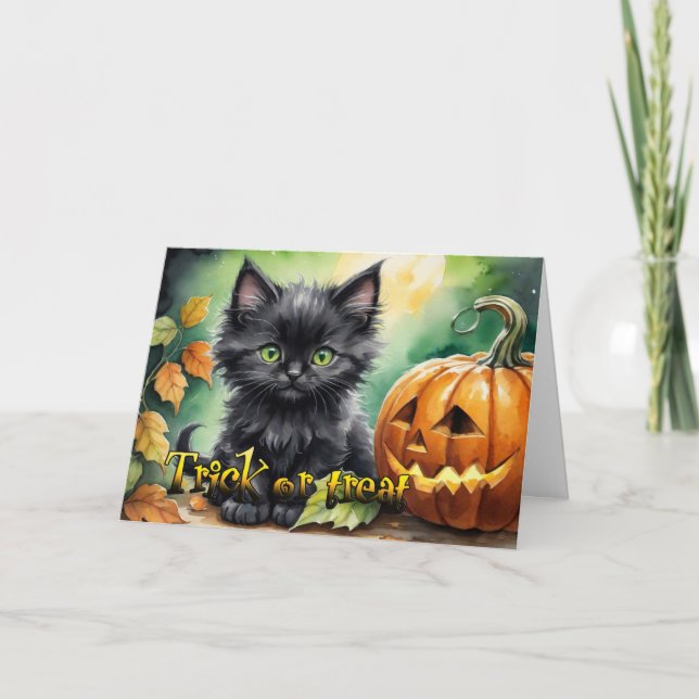 Happy Halloween trick or treat kitten Holiday Card (Front)