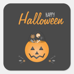 Happy Halloween Trick Or Treat Pumpkin Bucket Square Sticker