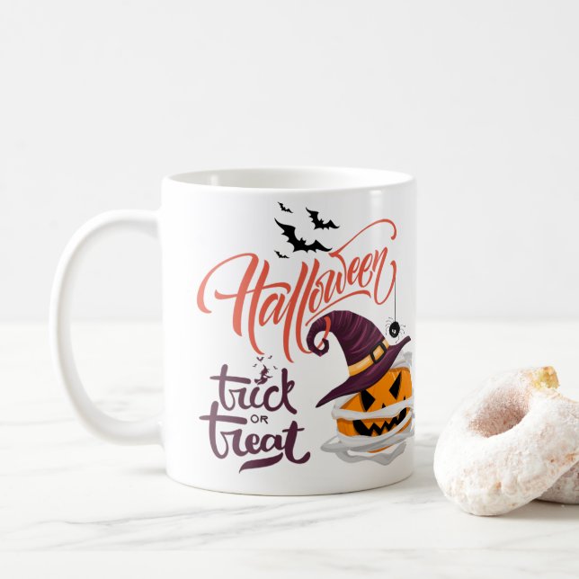 Happy Halloween Trick or Treat Pumpkin Coffee Mug (With Donut)