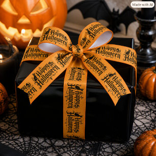 Happy Halloween Typography Orange & Black Satin Ribbon