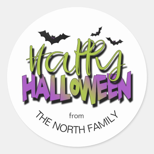 Happy Halloween Typography w/Bats Green ID685 Classic Round Sticker (Front)