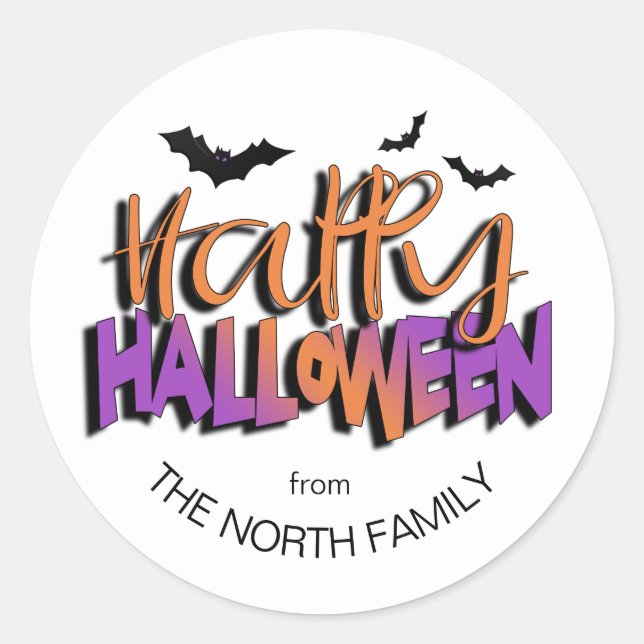Happy Halloween Typography w/Bats Orange ID685 Classic Round Sticker (Front)