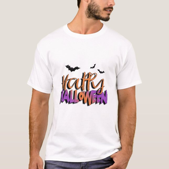 Happy Halloween Typography w/Bats Orange ID685 T-Shirt (Front)