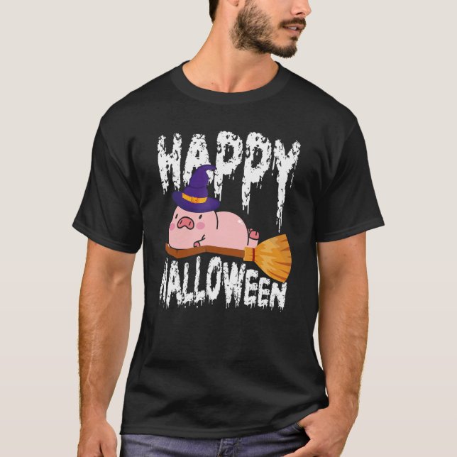 Happy Halloween u2013 Witch Pig Flying Broom Hallo T-Shirt (Front)