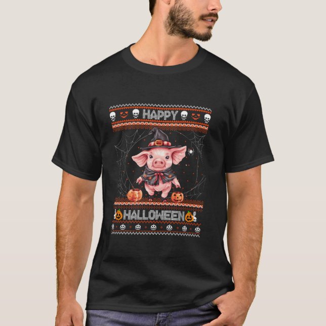 Happy Halloween Ugly Cute Pig Witch Trick Or Treat T-Shirt (Front)