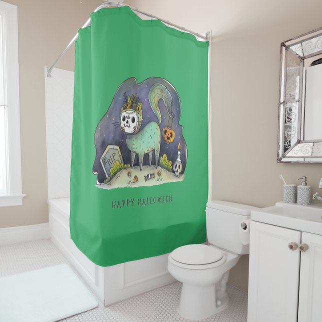 Happy Halloween Undead Kitty Shower Curtain (In Situ)