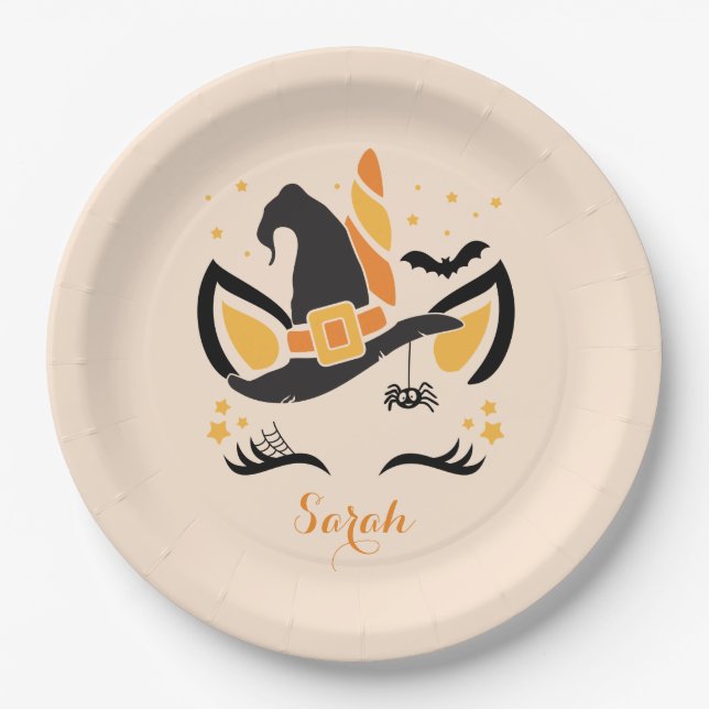 Happy Halloween Unicorn Witch With Eyelashes Paper Plate (Front)