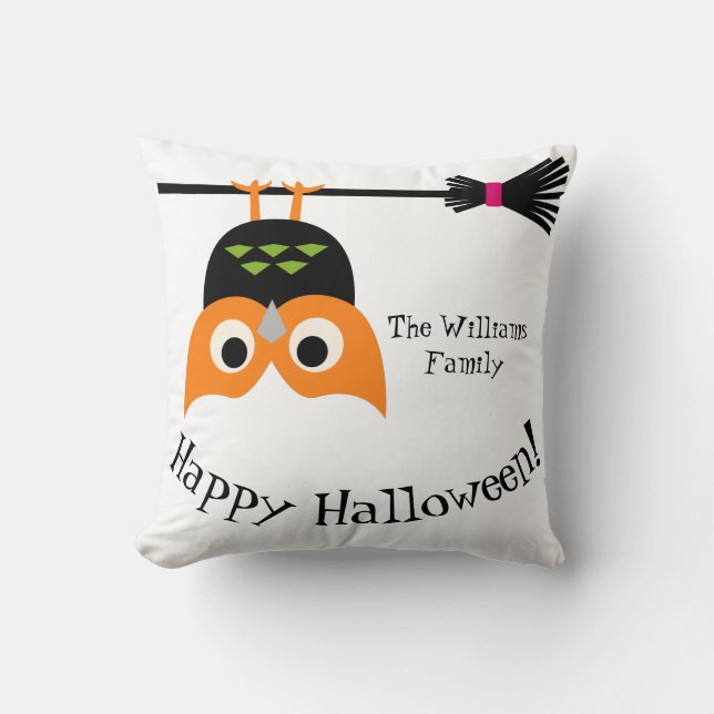 Happy Halloween Upside Down Owl with Broom Pillow (Front)