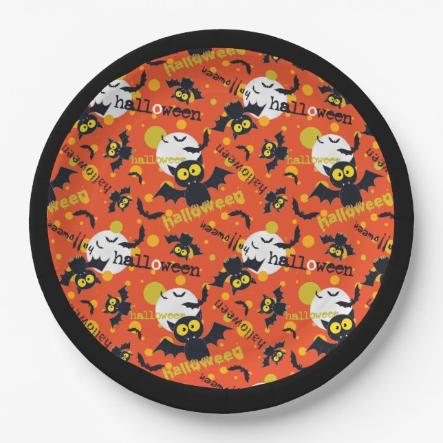 Happy Halloween Vampire Bat Full Moon Fangs Paper Plate (Front)