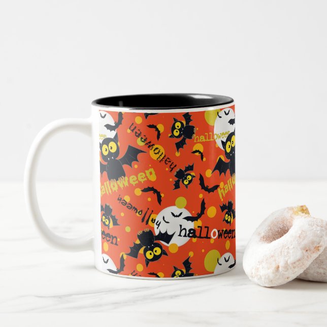Happy Halloween Vampire Fang Bat Spooky Design  Two-Tone Coffee Mug (With Donut)