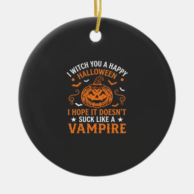 Happy Halloween Vampire Pumpkin Witch Hat Bats Ceramic Tree Decoration (Front)