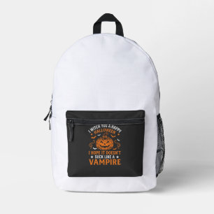 Happy Halloween Vampire Pumpkin Witch Hat Bats Printed Backpack