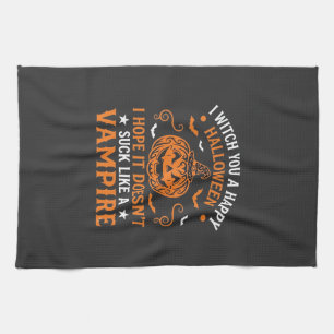Happy Halloween Vampire Pumpkin Witch Hat Bats Tea Towel