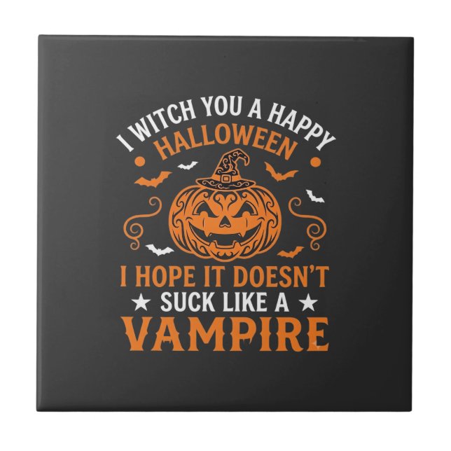 Happy Halloween Vampire Pumpkin Witch Hat Bats Tile (Front)