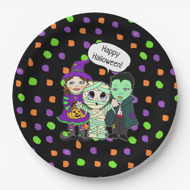 Happy Halloween Vampire, Witch, Mummy Polka Dot Paper Plate (Front)