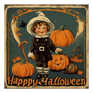 Happy Halloween Vintage Child and Pumpkins Poster
