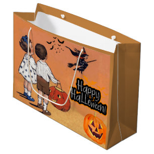 Happy Halloween Vintage Children, Witch, Pumpkins Large Gift Bag
