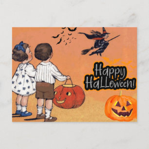 Happy Halloween Vintage Children, Witch, Pumpkins Postcard