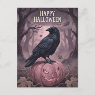 Happy Halloween Vintage Crow & Pink Pumpkin Holiday Postcard
