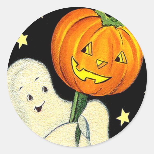 Happy Halloween Vintage Ghost and Pumpkin Sticker (Front)